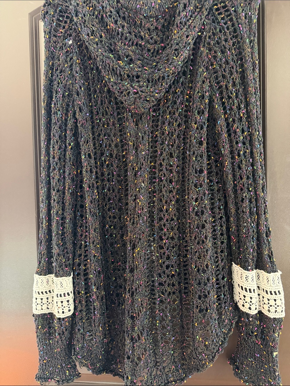 POL Open-Knit Black Scoop Sweater with Cream Crochet Pocket & Cuff Trim - Picture 9 of 9